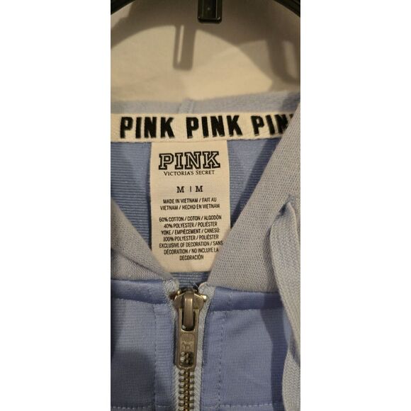 Victorias Secret Pink Tropical Floral Logo Baby Blue Full Zip Hoodie Medium - Picture 5 of 6